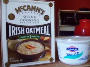 Irish quick oats and plain Greek yogurt Fage