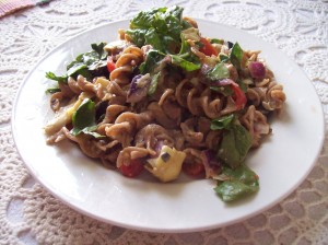 rye pasta with tomato spinach artichoke onion olive