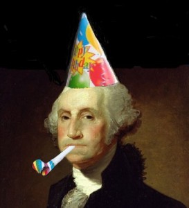 George Washington in a party hat with a noise maker